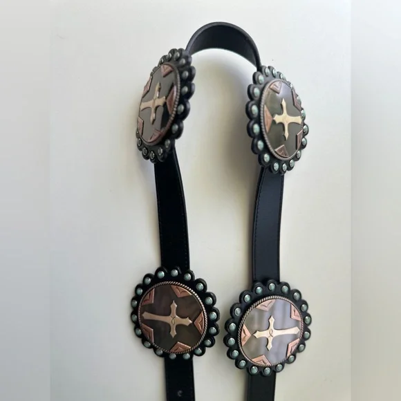 Angel Ranch Genuine Black Leather Belt with Copper and Turquoise Conchos - Picture 3 of 5